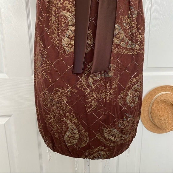 Chaudry KC Pattern Brown Metallic Gold Mini Dress Short Sleeve V-neck Bow Small - Picture 5 of 15